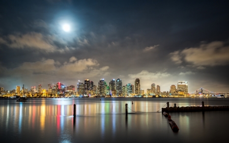 full moon over san diego hdr - lights, city, moon, bridge, sea, night, hdr