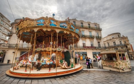 lovely carousel in montpellier france hdr - carousel, square, cobblestones, town, hdr