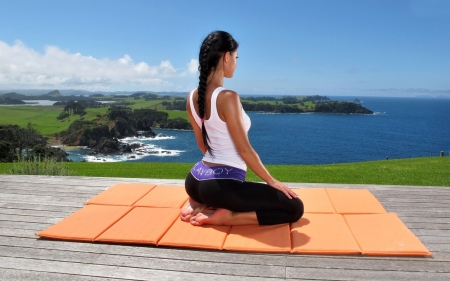 girl doing yoga over hawaiian seashore - girl, yoga, shore, sea, grass, mat