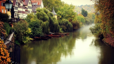 lovely riverside town in germany - trees, boats, town, river, fog