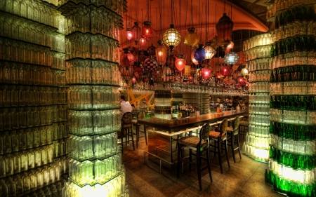 glass bottles wall in a bar - walls, glass, bar, bottles, lights