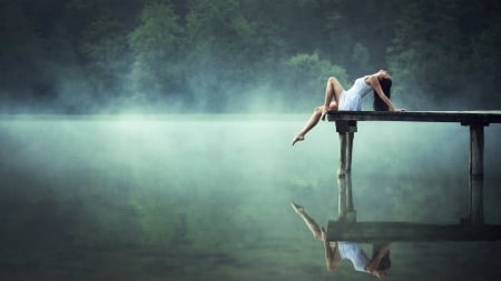 girl stretching on a lake pier in the morning - morning, lake, pier, girl, stertching, fog