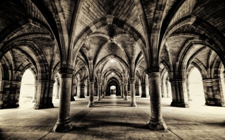 glasgow university cloisters arched hallways hdr - monochrome, cloisters, columns, arches, hdr