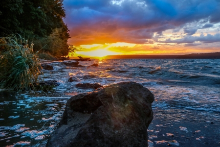 Ocean Sunset - sky, rocks, clouds, sunset, ocean, nature