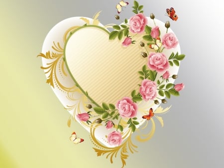 Heart - heart, valentine, butterfly, rose, card, love, flower, pink