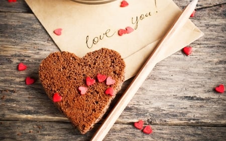 I love you! - pen, heart, note, wood, chocolate, love, sweet, red, word, valentine, cookies, dessert, card