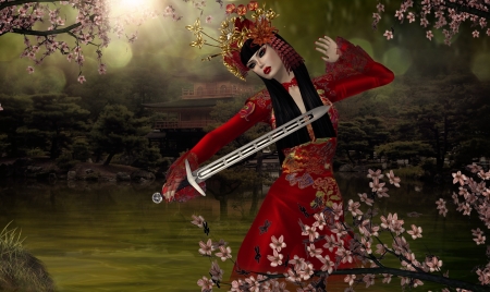 Samurai - woman, rendering, lake, girl, samurai, asian, spring, pink, katana, red, green, sword, kimono, flower