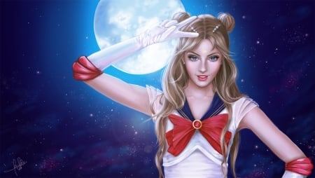 Sailor Moon - red, beauty, anime, girl, luna, blue, manga, art, white, fantasy, sailor moon, moon, luminos, woman, lara cremon