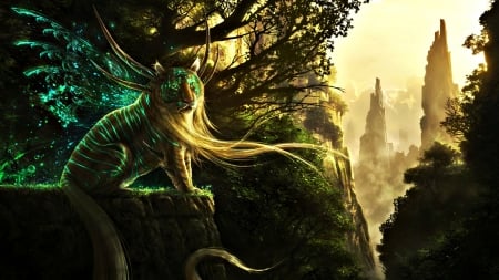 God Of Evanescence - black, god of evanescence, dark, yellow, jonas de ro, art, wings, creature, fantasy, luminos, lion, green