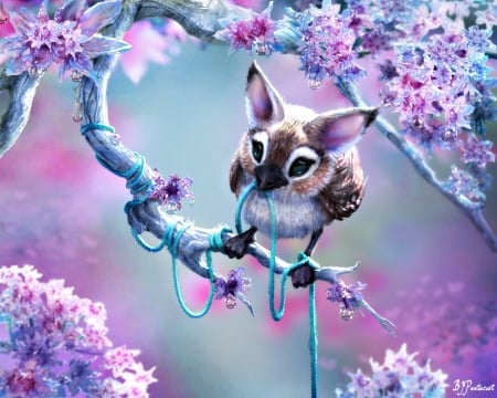 Fawny Neeper - flower, pink, bobbie the jean, spring, blossom, blue, creature, fantasy, fawny neeper, branch