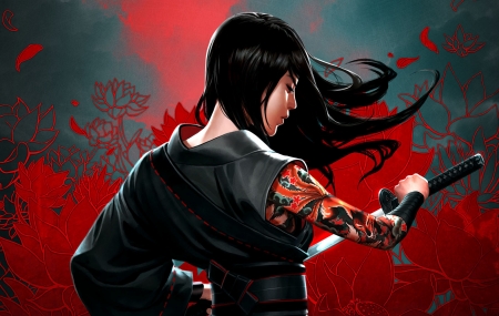 Samurai - red, sword, black, katana, girl, fantasy, tattoo, asian, woman, samurai