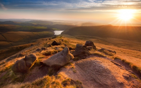 sunset over english countryside - fields, hills, river, sunset, grass, rocks