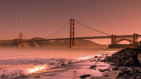 golden gate bridge in coral pink hdr - shore, hdr, waves, pink, bridge, bay