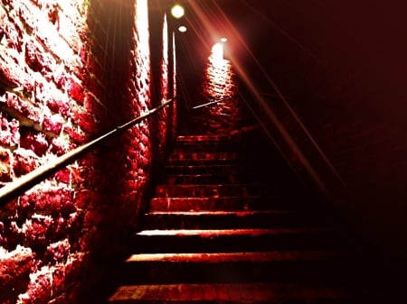 what will be at the red stairs end ? - stair, light, strange, red