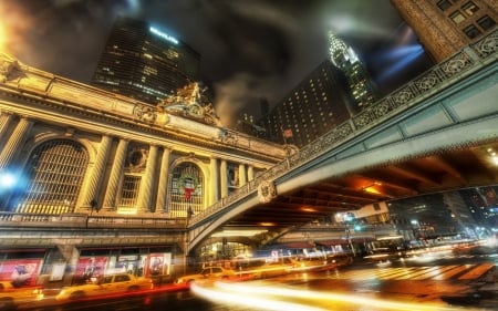 grand central station on a rainy night hdr - street, rain, hdr, city, night, bridge, station