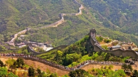 the great wall crowded with tourists - forests, mountains, tourists, wall