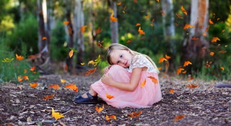 Cute Little Girl - leaves, fall, girl, road