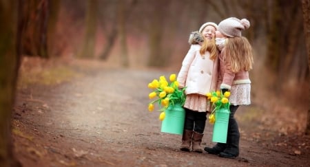 Cute Little Girl - winter, happiness, flowers, kiss