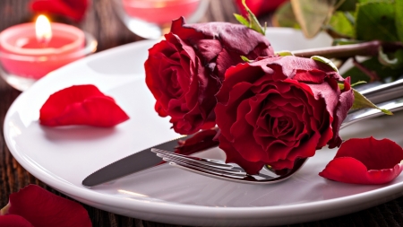 Red Roses - candle, utensils, plate, roses