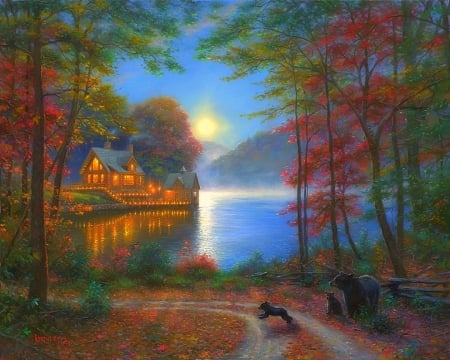 Lakeside Dreams - attractions in dreams, autumn, bears, trees, cabins, moons, lakes, nature, love four seasons, cubs, paintings, colors, fall season