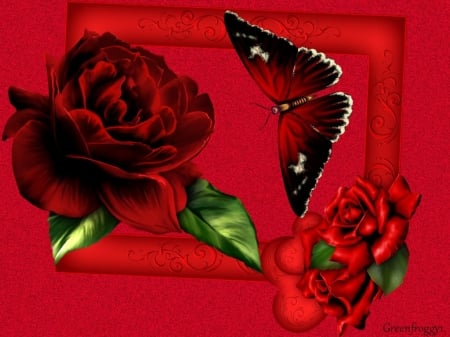 RED ON RED - creation, butterfly, roses, abstract