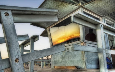 guarding the beaches of LA hdr - hut, beach, lifeguard, reflection, glass, hdr