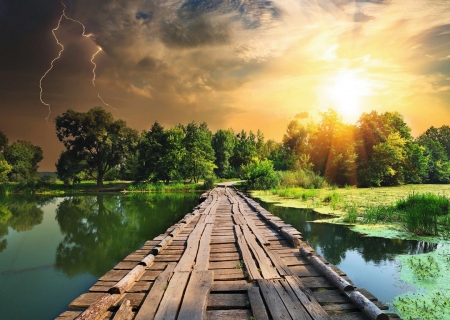 Mystic Light - clouds, thunderstorm, trees, artwork, sky, bridge