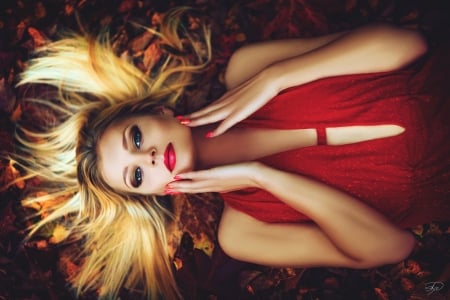 Blonde - dress, girl, blonde, hair, leaves, glance, hands, autumn, red, face, makeup