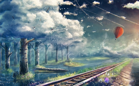 Landscape - rails, digital, balloon, artwork, trees