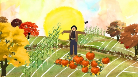 Autumn - scarecrow, fields, farm, fence, trees, hills, sun, bird, painting, pumpkins, clouds, corn