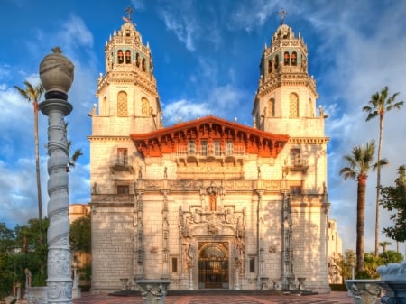 church athearst castle in san simeon CA hdr - trees, towers, hdr, church, sky