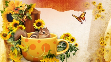 Chipmunk in a Cup - autumn, sunflowers, fall, butterfly, cup, chipmunk