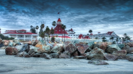 magnificent hotel del coronado in san diego hdr - architecture, hotel, rocks, beach, trees, hdr