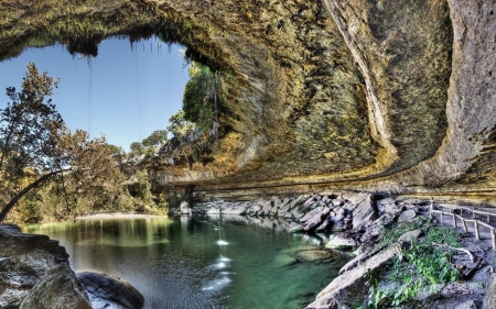 fantastic grotto at hamilton pool texas hdr - pool, cliff, hdr, walkway, grotto