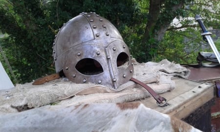 Medieval helmet - helmet, warrior, camp, sword, medieval, viking