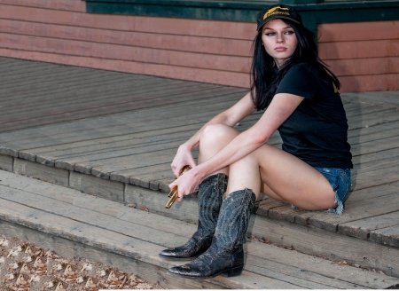 Serious Cowgirl - women, fun, female, boots, guns, hats, fashion, models, brunettes, western, pistols, girls, cowgirls, style, NRA