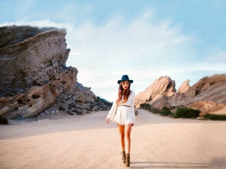 A Pleasant Walk - style, girls, western, women, models, hats, ranch, cowgirls, brunettes, fun, female, desert, boots, fashion