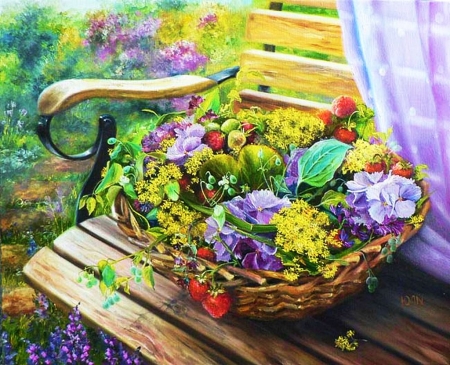 Flower Bench - blossoms, petals, colors, basket, flowers