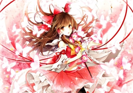 Hakurei Reimu - hagiwara rin, girl, hakurei reimu, white, touhou, butterfly, pink, red, anime, manga