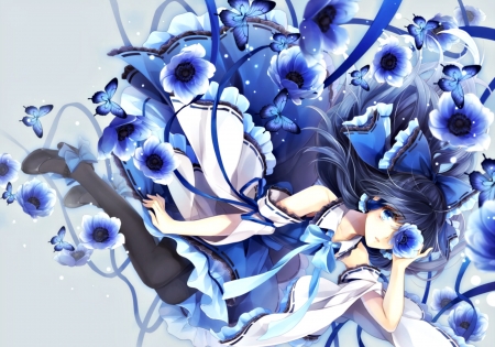 Hakurei Reimu - hagiwara rin, girl, hakurei reimu, white, touhou, butterfly, blue, anime, flower, manga