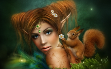 Fairy - girl, elf, fantasy, animal, redhead, autumn, green, digital, woman, fairy, cute, alenaekaterinburg, art, squirrel, luminos