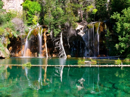 Hanging Lake - greenery, quiet, falling, trees, Hanging, water, falls, grass, forest, lovely, reflection, nature, green, lake, nice, rocks