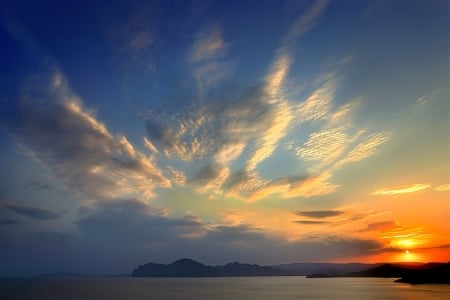 Amazing Sunset - lake, sunset, cloud, sun