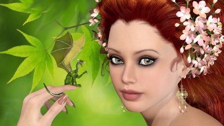 My little dragon - girl, beauty, flower, pink, fantasy, redhead, green, woman, rendering, wings, face, luminos