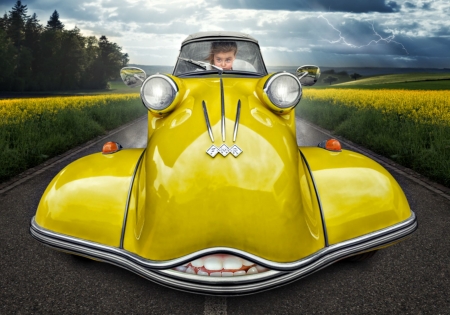 Getaway from Regensburg - galben, road, fantasy, yellow, car, john wilhelm, green, cute, girl, fetita, child, copil, funny, creative, getaway from regensburg, masina, situation