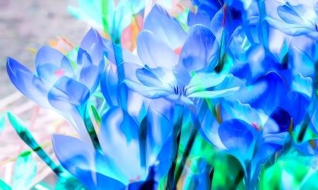 Crocuses - flower, spring, blue, art, pictura, texture, painting, crocus, green