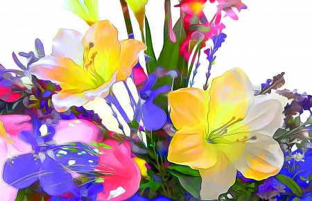 Flowers - flower, purple, pink, yellow, blue, art, white, pictura, texture, painting, green