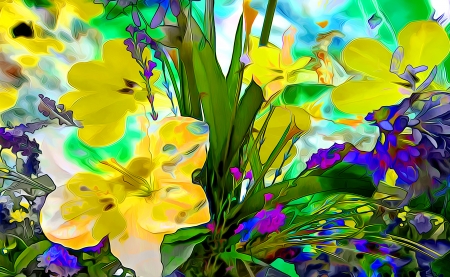 Flowers - flower, purple, pictura, yellow, texture, painting, art, green