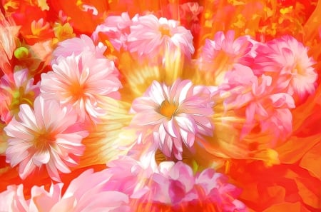 Flowers - red, flower, pink, yellow, art, pictura, orange, texture, painting