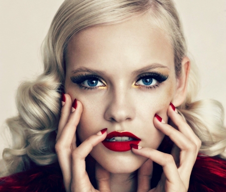 Ginta Lapina - girl, blonde, beauty, Ginta Lapina, lips, make-up, red, nails, woman, model, face, lipstick, blue eyes